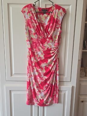 Lauren Ralph Lauren Coral Pink Floral Faux-Wrap Midi Dress